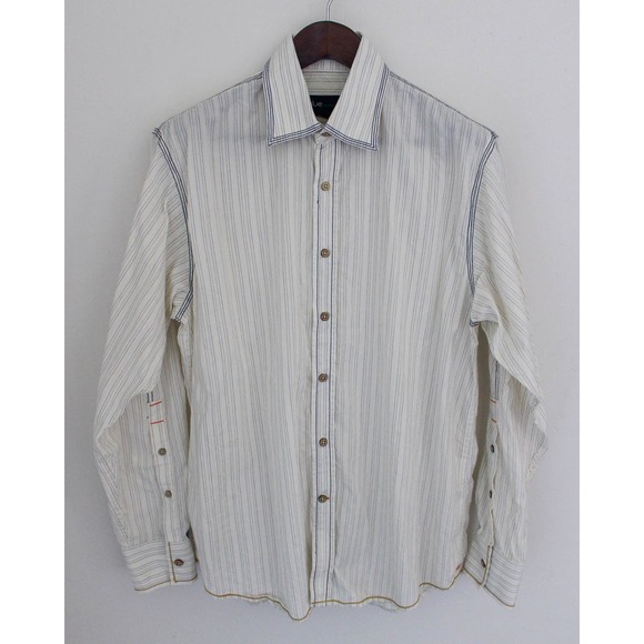 Blue Pronto Uomo Dress Shirt Mens Large Ivory Blue Striped Button Up Long Sleeve - Picture 1 of 6